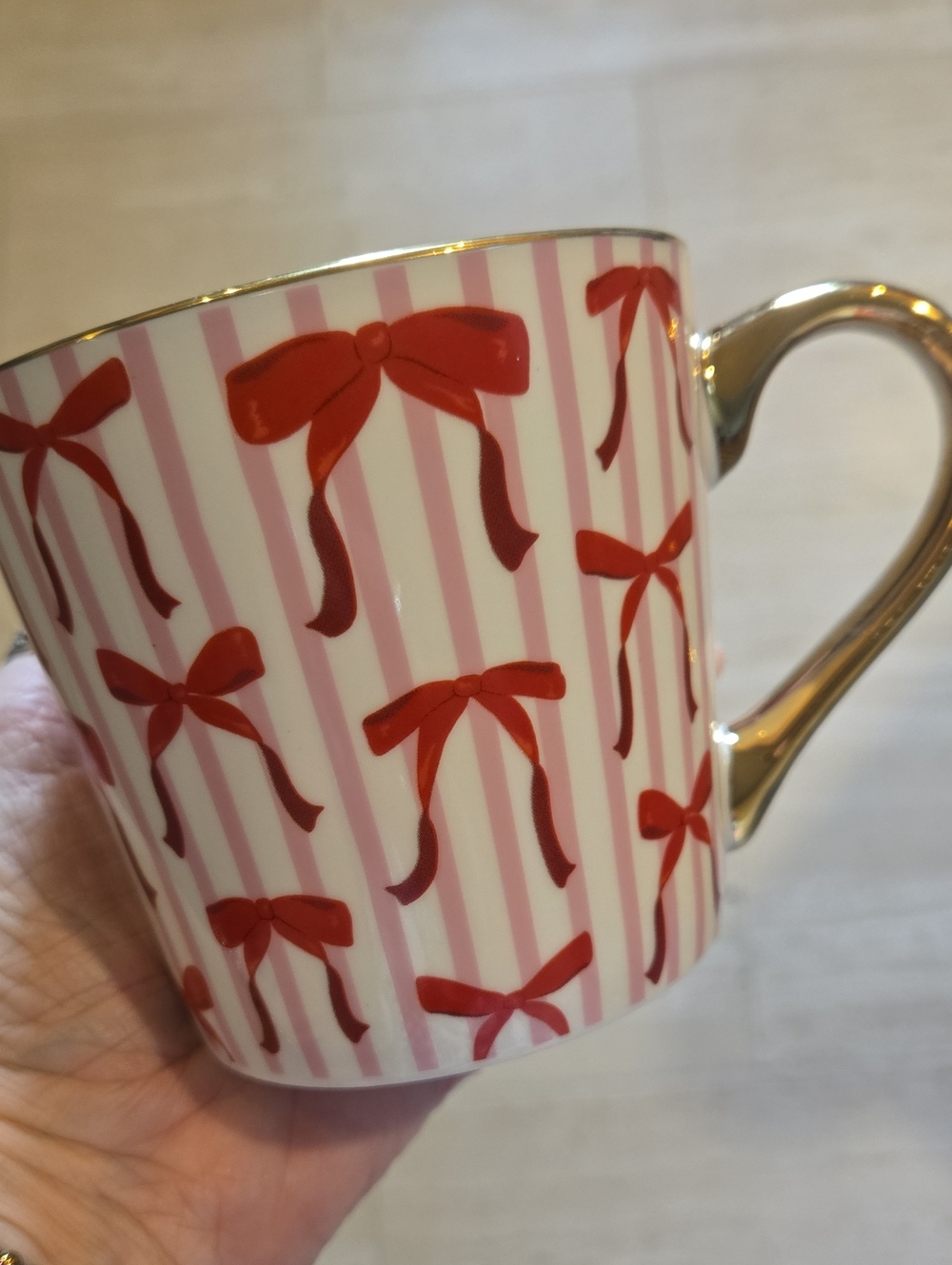 Pink & Red Bow Ceramic Mug with Gold Handle